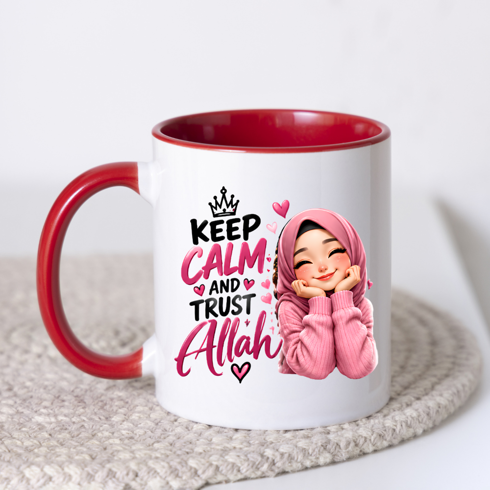 Islamic Mug "Keep Calm And Trust Allah" 325ml Ceramic Coffee Tea Cup – Pink Hijabi Girl Graphic, Hearts & Faith Slogan Novelty Gift for Muslim Women, Friends, Birthday – Fast Dispatch by UK Seller (M3505)