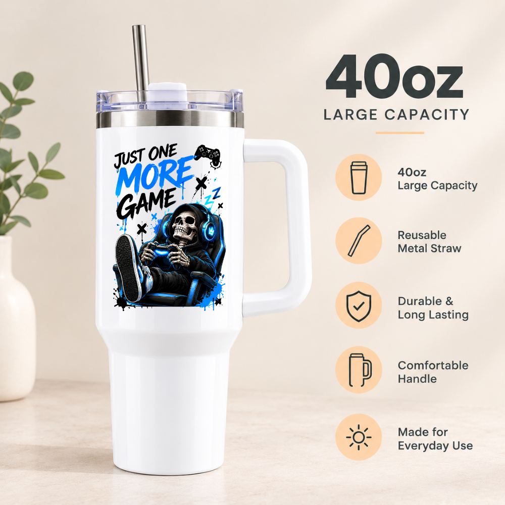 Funny Gaming Travel Tumbler "Just One More Game" Graphic 40oz Stainless Steel Insulated Travel Mug with Handle & Straw – Gamer Skeleton in Gaming Chair with Headset & Controller Novelty Gift | Fast Dispatch by UK Seller (T3064)