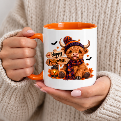 Halloween Mug "Highland Cow Beanie & Scarf Happy Halloween" Highland Cow Beanie and Scarf Happy Halloween 325ml Ceramic Coffee Mug – Cute Halloween Autumn Tea Cup Plaid Scarf Wooden Direction Sign Graphic Gift | Fast Dispatch by UK Seller (M3221)