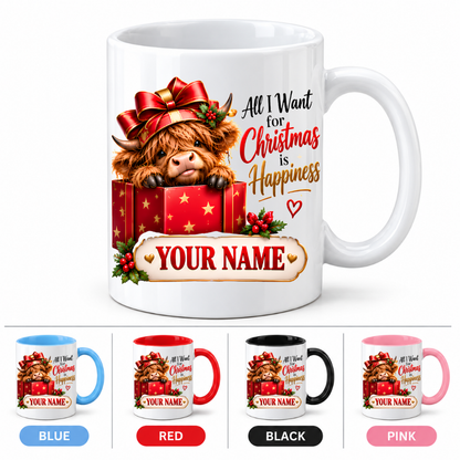 Personalised Christmas Mug "All I Want For Christmas Is Happiness" 325ml Ceramic Coffee Tea Cup – Gift Box Highland Cow, Red Bow, Custom Name & Festive Slogan Novelty Gift for Bestie, Women, Holiday – Fast Dispatch by UK Seller (M3518)