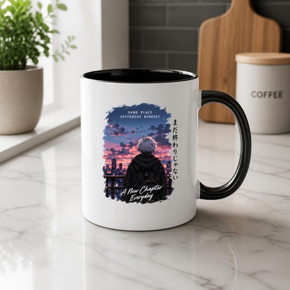 Inspirational Anime Boy Mug "SAME PLACE Different Mindset" City Sunset 325ml Ceramic Coffee Mug – Aesthetic Mindful Tea Cup with Japanese Kanji Graphic Gift | Available in Multicolours | Fast Dispatch by UK Seller (M3046)