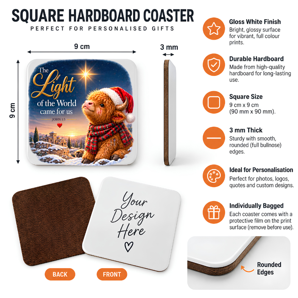 Festive Christian Christmas Coaster "The Light of the World Came for Us John 1:5" Graphic Glossy Hardboard 9x9cm Drinks Mat – Highland Cow, Star of Bethlehem & Snowy Bethlehem Scene Holiday Tableware Gift | Fast Dispatch by UK Seller (C3062)