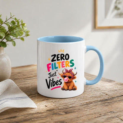 Sassy Mug "Zero Filters Just Vibes" Highland Cow 325ml Ceramic Coffee Mug Cute Animal Tea Cup with Heart Sunglasses, Pink Bow & Bubblegum Gift | Available in Multicolours | Fast Dispatch by UK Seller (M1284)