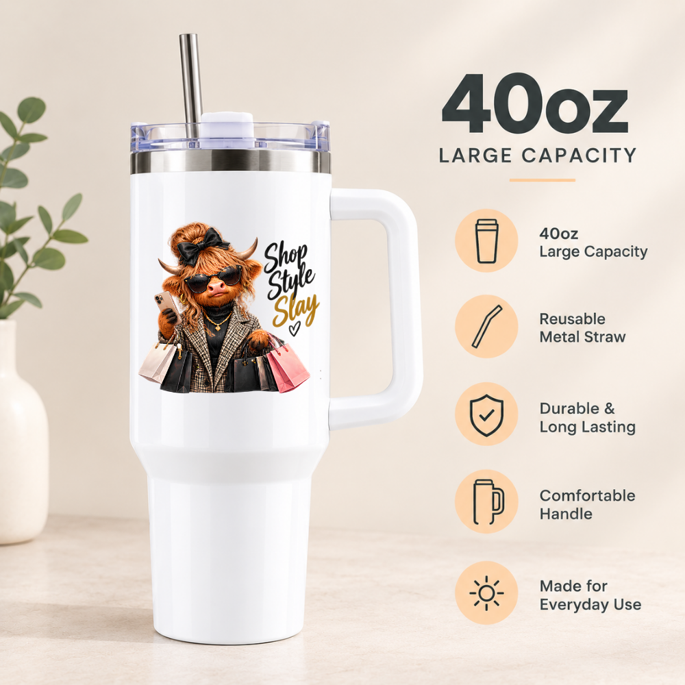 Sassy Highland Cow Travel Tumbler "Shop Style Slay" Graphic 40oz Stainless Steel Insulated Travel Mug with Handle & Straw – Fashion Cow in Plaid Coat, Sunglasses, Bow & Shopping Bags Novelty Travel Cup | Fast Dispatch by UK Seller (T3025)