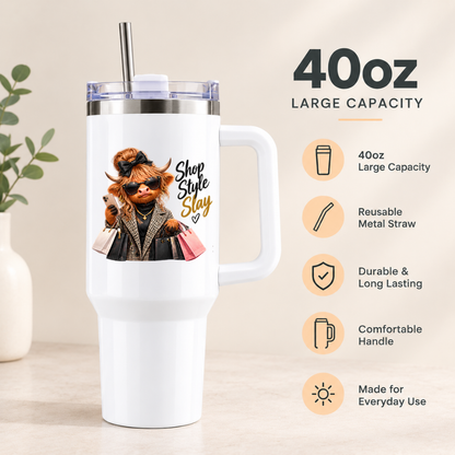 Sassy Highland Cow Travel Tumbler "Shop Style Slay" Graphic 40oz Stainless Steel Insulated Travel Mug with Handle & Straw – Fashion Cow in Plaid Coat, Sunglasses, Bow & Shopping Bags Novelty Travel Cup | Fast Dispatch by UK Seller (T3025)
