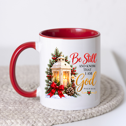 Religious Christmas Mug "Be Still And Know That I Am God" Be Still And Know That I Am God 325ml Ceramic Coffee Mug – Christian Scripture Mug with Psalm 46:10, Lantern & Pinecones | Religious Holiday Gift | Fast Dispatch by UK Seller (M3339)