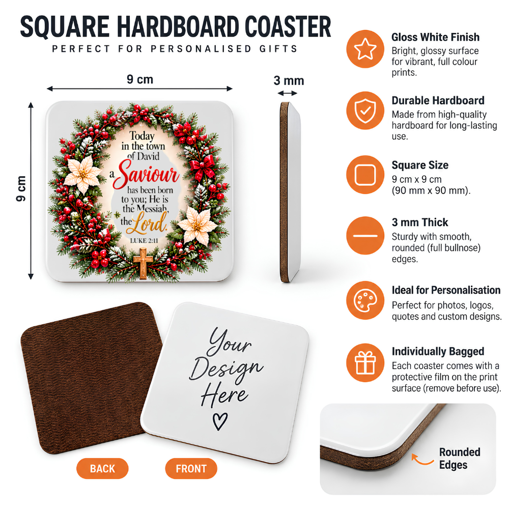 Inspirational Religious Hardboard Coaster "A Saviour Has Been Born To You" Graphic 9cm x 9cm Square Drinks Coaster – Festive Christmas Wreath with Wooden Cross, Poinsettias & Berries Novelty Mat | Christian Glossy Gift | Fast Dispatch by UK Seller (C3036)