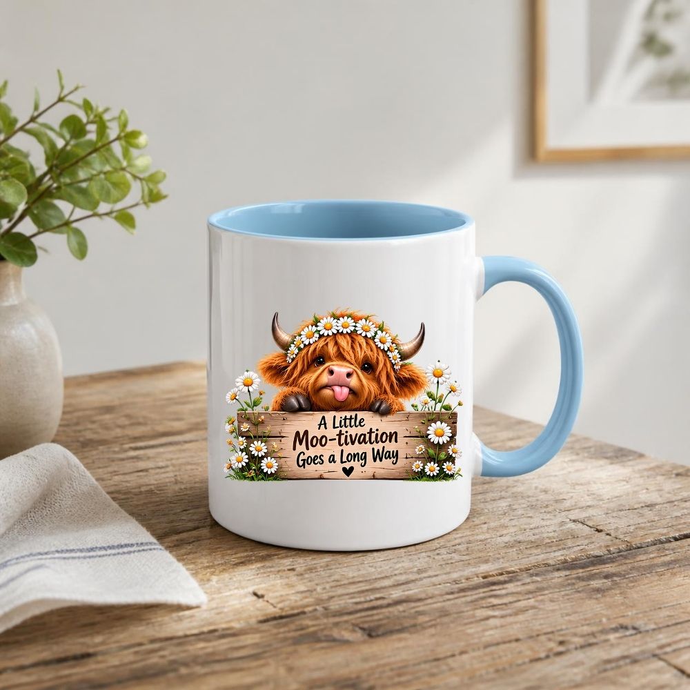 Inspiring Mug "A Little Moo-tivation Goes a Long Way" Highland Cow 325ml Ceramic Coffee Mug Cute Animal Tea Cup with Daisy Flower Crown & Wooden Sign | Available in Multicolours | Fast Dispatch by UK Seller (M1278)