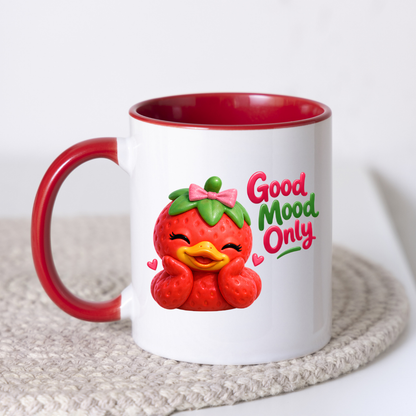 Inspirational Mug "Good Mood Only Strawberry Duck" Good Mood Only 325ml Ceramic Coffee Mug – Cute Smiling Strawberry Duck with Pink Bow | Available in Multicolours | Fast Dispatch by UK Seller (M3248)