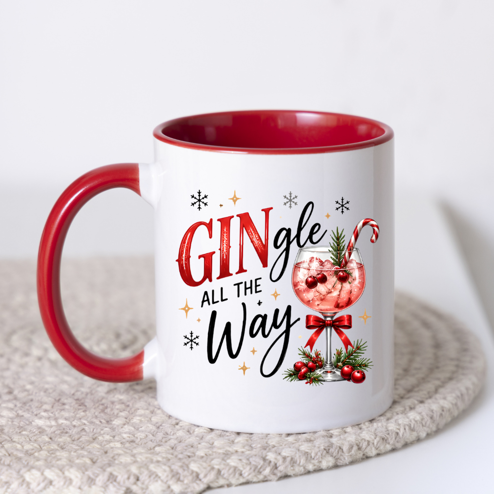 Christmas Gin Cocktail Mug "Gingle All The Way" Gingle All The Way 325ml Ceramic Coffee Mug – Festive Gin Cocktail with Candy Cane, Pine & Berries Graphic | Holiday Gift | Fast Dispatch by UK Seller (M3397)