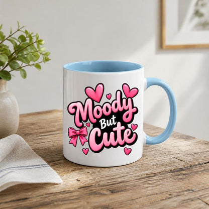 Sassy Mug "Moody But Cute" 325ml Ceramic Coffee Mug Cute Bold Typography Tea Cup with Pink Ribbon Bow & Hearts Graphic Gift | Available in Multicolours | Fast Dispatch by UK Seller (M1313)