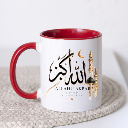 Islamic Mug "Allahu Akbar Allah Is The Greatest" Allahu Akbar Allah Is The Greatest 325ml Ceramic Coffee Mug – Elegant Arabic Calligraphy, Golden Crescent Moon & Mosque Minaret Artwork | Islamic Spiritual Gift | Fast Dispatch by UK Seller (M3474)