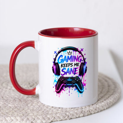 Gaming Mug "Gaming Keeps Me Sane" Gaming Keeps Me Sane 325ml Ceramic Coffee Mug – Neon Headset & Controller Mug with Blue and Pink Paint Splatter Art | Gamer Gift | Fast Dispatch by UK Seller (M3345)