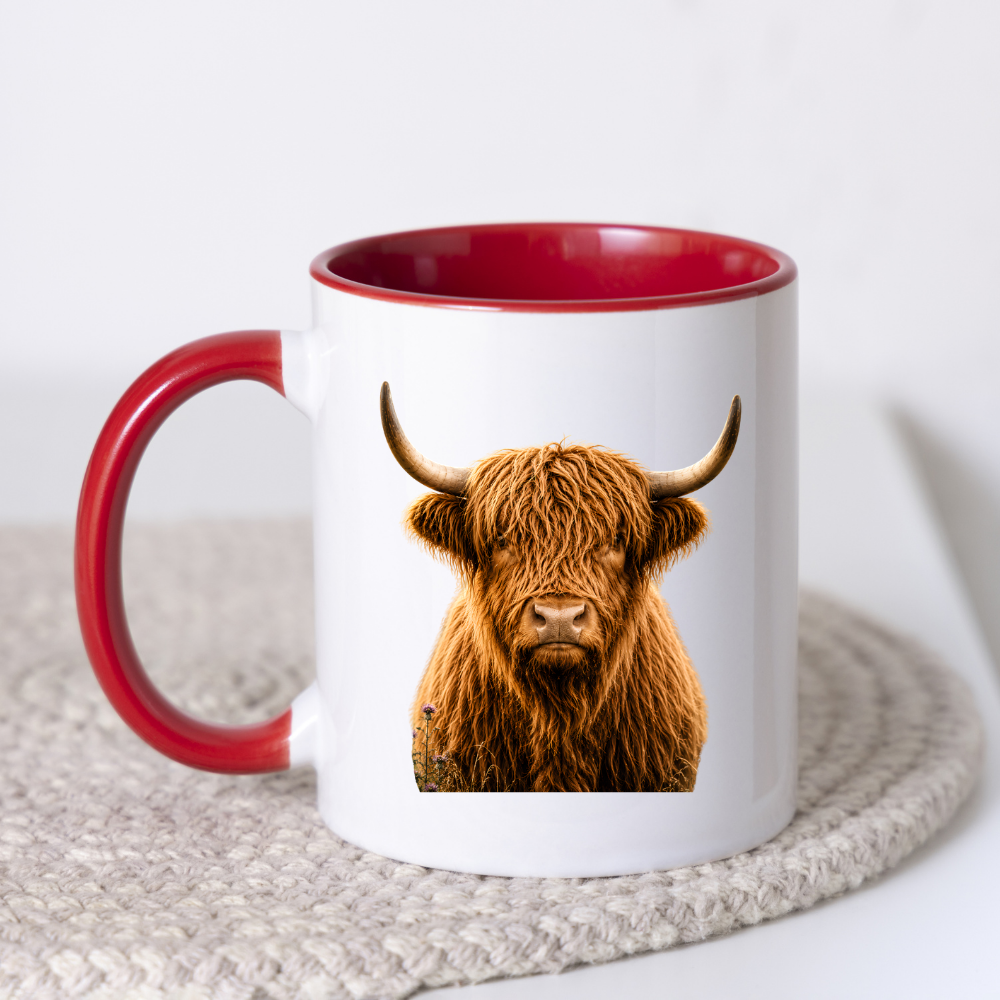 Rustic Mug "Classic Highland Cow" Majestic Highland Cow 325ml Ceramic Coffee Mug Country Wildlife Tea Cup with Horns and Thistle Graphic Gift | Available in Multicolours | Fast Dispatch by UK Seller (M3154)