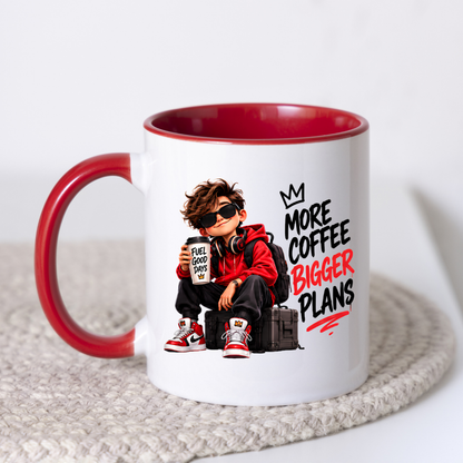 Motivational Mug "More Coffee Bigger Plans" 325ml Ceramic Coffee Tea Cup – Cool Boy Graphic, Red Hoodie, Sunglasses & Slogan Novelty Gift for Coffee Lovers, Teens, Birthday – Fast Dispatch by UK Seller (M3499)