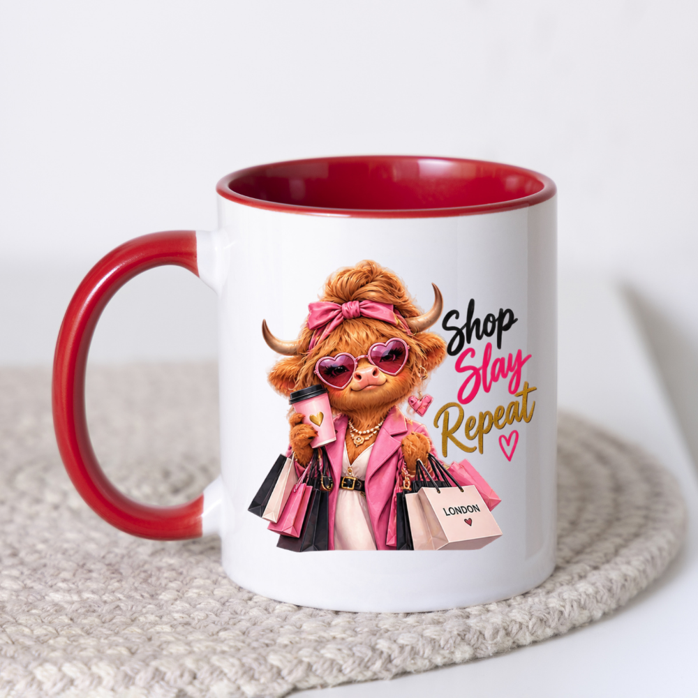 Shopping Mug "Shop Slay Repeat Highland Cow" Shop Slay Repeat Highland Cow 325ml Ceramic Coffee Mug – Glamorous Pink Fashion Shopping Tea Cup With Heart Sunglasses Coffee Graphic Gift | Available in Multicolours | Fast Dispatch by UK Seller (M3196)
