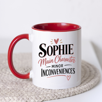 Personalized Name Mug "Sophie Main Character Minor Inconveniences" Sophie Main Character Minor Inconveniences 325ml Ceramic Coffee Mug – Custom Name Typography Slogan with Heart Accents & Script Details | Funny Gift | Fast Dispatch by UK Seller (M3450)