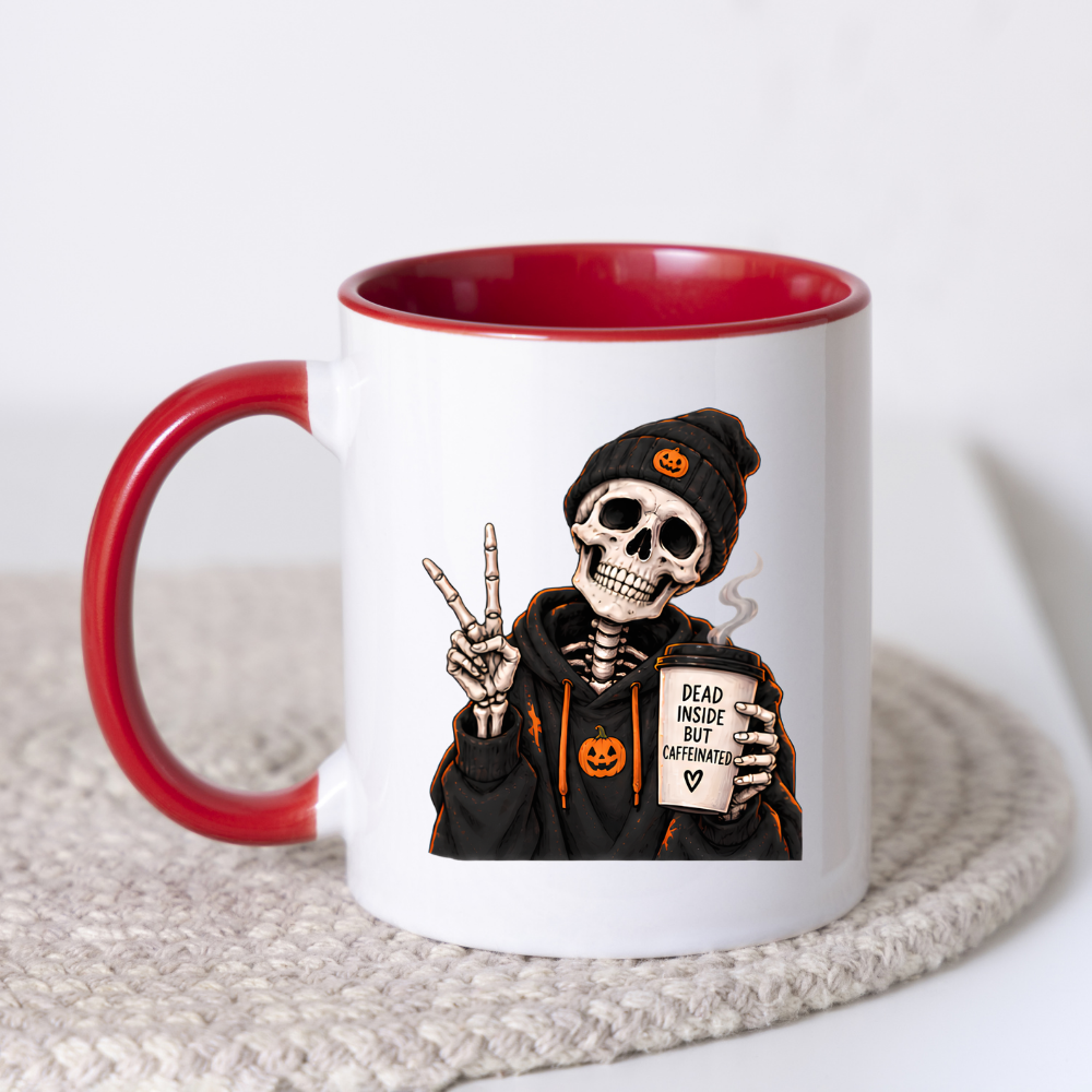 Halloween Mug "Skeleton Dead Inside But Caffeinated" Skeleton Dead Inside But Caffeinated 325ml Ceramic Coffee Mug – Funny Halloween Autumn Tea Cup Skeleton Black Hoodie Cup Graphic Gift | Available in Multicolours | Fast Dispatch by UK Seller (M3224)