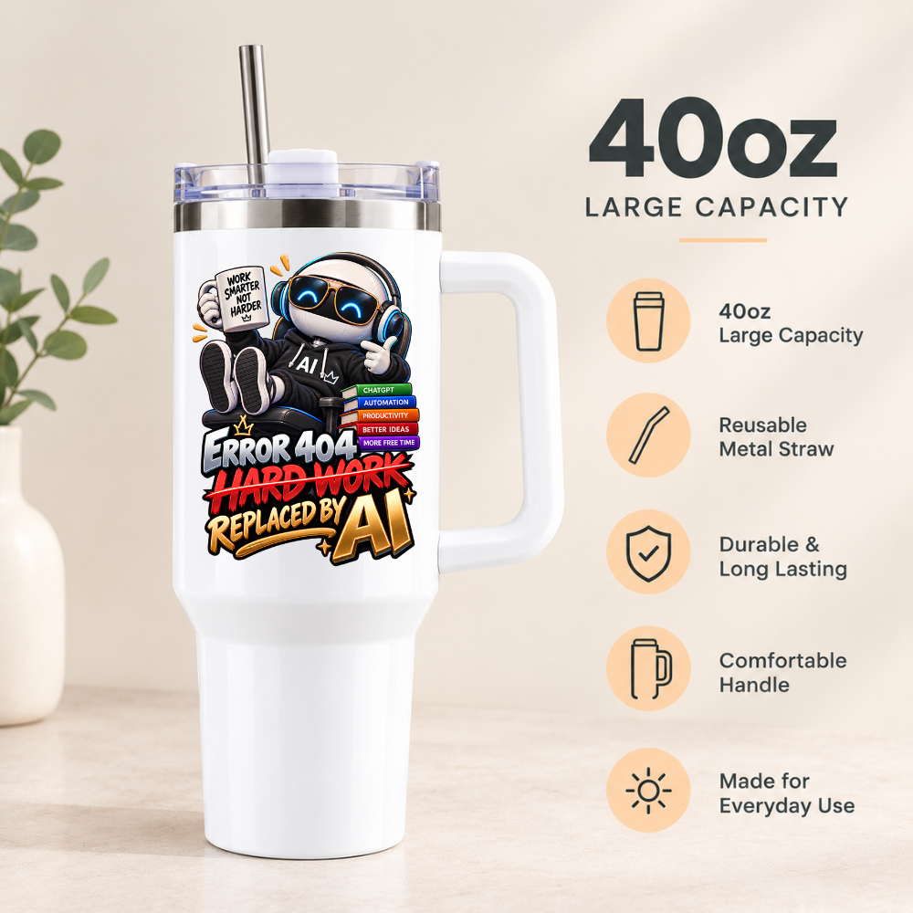 Sarcastic Office Tech Travel Tumbler "ERROR 404 HARD WORK REPLACED BY AI" Graphic 40oz Stainless Steel Insulated Mug with Handle & Straw – Robot with Coffee, Laptop & ChatGPT Books Novelty Gift for Coders & Office | Fast Dispatch by UK Seller (T3048)