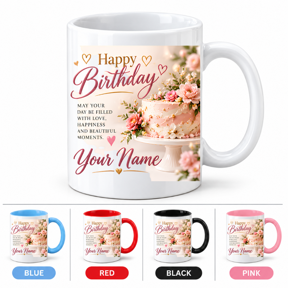 Personalised Birthday Mug "Happy Birthday" 325ml Ceramic Coffee Tea Cup – Pink Frosted Cake, Floral Decor, Custom Name & Love Wish Slogan Novelty Gift for Women, Bestie, Birthday – Fast Dispatch by UK Seller (M3512)