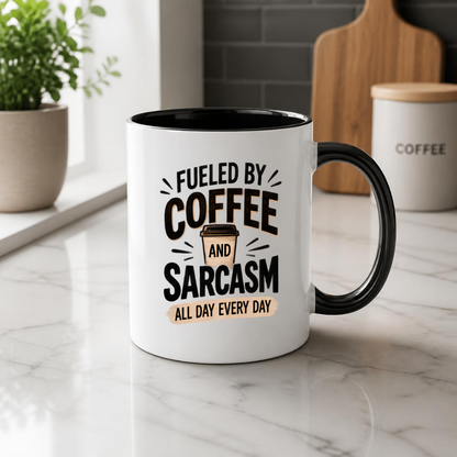 Funny Typography Mug "FUELED BY Coffee And Sarcasm All Day Every Day" 325ml Ceramic Coffee Mug – Sarcastic Work Cup & Humorous Quote Graphic Gift | Available in Multicolours | Fast Dispatch by UK Seller (M3054)