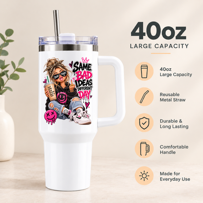 Funny Sassy Travel Tumbler "Same Bad Ideas Different Day" Graphic 40oz Stainless Steel Insulated Travel Mug with Handle & Straw â€“ Trendy Girl with Glasses, Iced Coffee & Smiley Graffiti Novelty Travel Cup | Fast Dispatch by UK Seller (T3006)