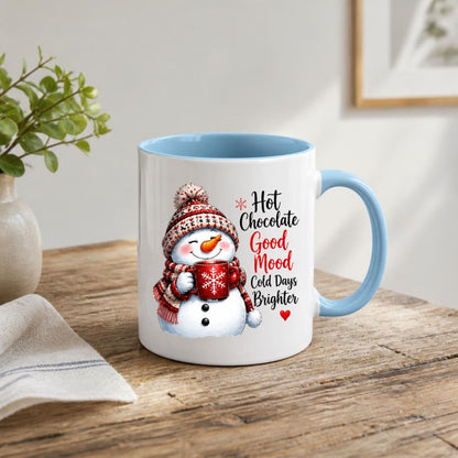 Cozy Mug "Hot Chocolate Good Mood Cold Days Brighter" Snowman 325ml Ceramic Coffee Mug – Cute Winter Holiday Tea Cup with Beanie & Hot Cocoa Gift | Available in Multicolours | Fast Dispatch by UK Seller (M1247)