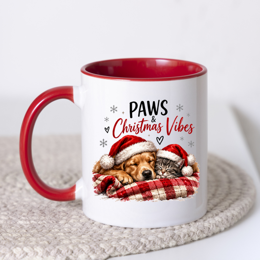 Christmas Dog & Cat Mug "Paws & Christmas Vibes" Paws & Christmas Vibes 325ml Ceramic Coffee Mug – Cute Sleeping Golden Retriever & Tabby Cat in Santa Hats on Plaid Blanket | Festive Holiday Gift | Fast Dispatch by UK Seller (M3405)