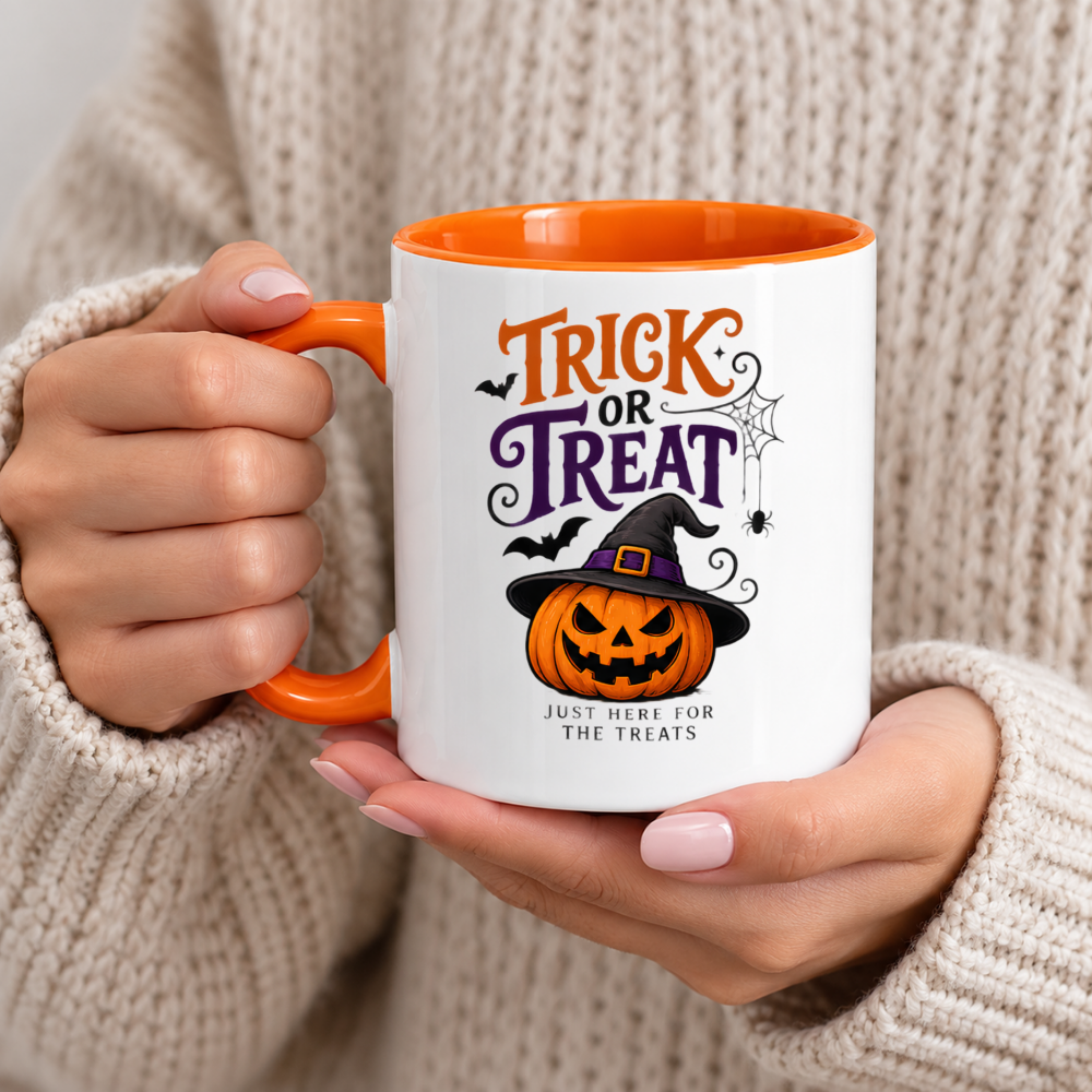 Halloween Mug "Trick Or Treat Pumpkin" Trick Or Treat Pumpkin 325ml Ceramic Coffee Mug – Funny Halloween Autumn Tea Cup with Witch Hat Jack O Lantern Spider Web Just Here For The Treats Graphic Gift | Fast Dispatch by UK Seller (M3205)