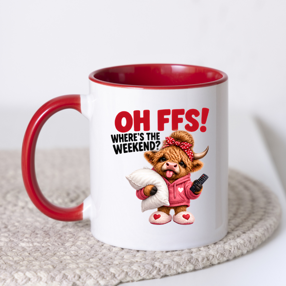 Highland Cow Weekend Mug "OH FFS! Where's The Weekend?" Oh Ffs! Where's The Weekend? 325ml Ceramic Coffee Mug – Cute Highland Cow in Pink Hoodie with Pillow, Remote & Heart Slippers | Funny Lazy Day Gift | Fast Dispatch by UK Seller (M3379)