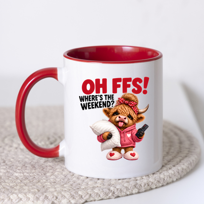 Highland Cow Weekend Mug "OH FFS! Where's The Weekend?" Oh Ffs! Where's The Weekend? 325ml Ceramic Coffee Mug – Cute Highland Cow in Pink Hoodie with Pillow, Remote & Heart Slippers | Funny Lazy Day Gift | Fast Dispatch by UK Seller (M3379)