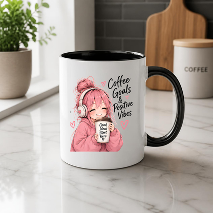 Inspirational Anime Mug "Coffee Goals & Positive Vibes" Cute Pink Hair Girl 325ml Ceramic Coffee Mug Aesthetic Work & Study Tea Cup with Headphones & Coffee Cup Graphic Gift | Available in Multicolours | Fast Dispatch by UK Seller (M3026)