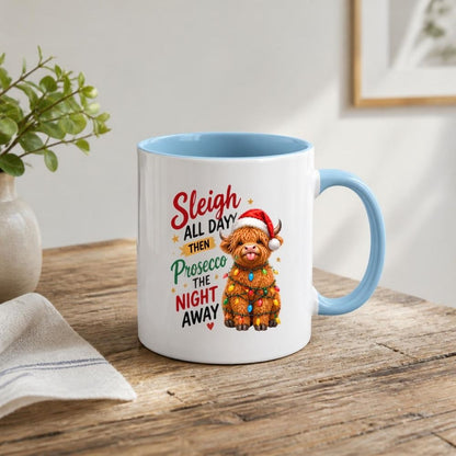 Festive Mug "Sleigh All Day Then Prosecco The Night Away" Highland Cow 325ml Ceramic Coffee Mug Cute Christmas Fairy Lights Tea Cup with Santa Hat & Stars Gift | Available in Multicolours | Fast Dispatch by UK Seller (M1291)