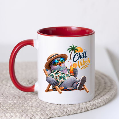 Summer Mug "Chill Vibes Cool Pigeon" 325ml Ceramic Coffee Mug – Relaxing Pigeon in Hawaiian Shirt, Straw Hat & Sunglasses on Beach Chair Funny Summer Mug Gift For Friends Vacation Lovers | Available in Multicolours | Fast Dispatch by UK Seller (M3242)