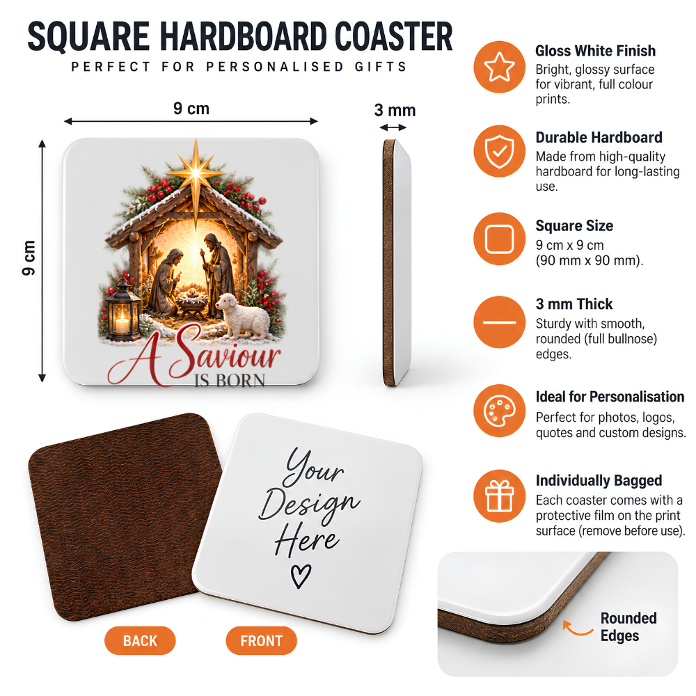 Christmas Nativity Hardboard Coaster "A Saviour Is Born" Graphic 9cm x 9cm Square Drinks Coaster “Holy Family Manger Scene with Lamb, Star of Bethlehem & Lantern Novelty Mat | Christian Glossy Gift | Fast Dispatch by UK Seller (C3048)