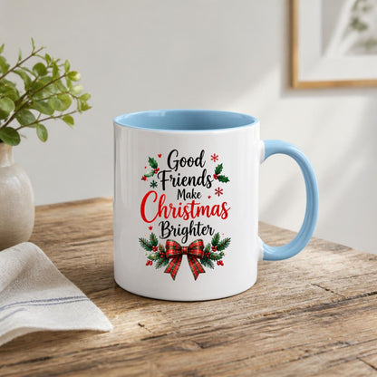 Warm & Festive Mug "Good Friends Make Christmas Brighter" 325ml Ceramic Coffee Mug Winter Holiday Tea Cup with Tartan Plaid Bow & Holly Berries | Available in Multicolours | Fast Dispatch by UK Seller (M1268)