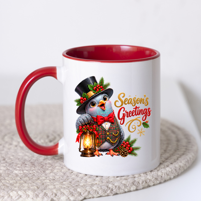 Holiday Mug "Season's Greetings Gentleman Bird" 325ml Ceramic Coffee Mug – Dapper Victorian Christmas Bird in Top Hat & Plaid Vest Holding Vintage Lantern Festive Holiday Gift | Available in Multicolours | Fast Dispatch by UK Seller (M3267)