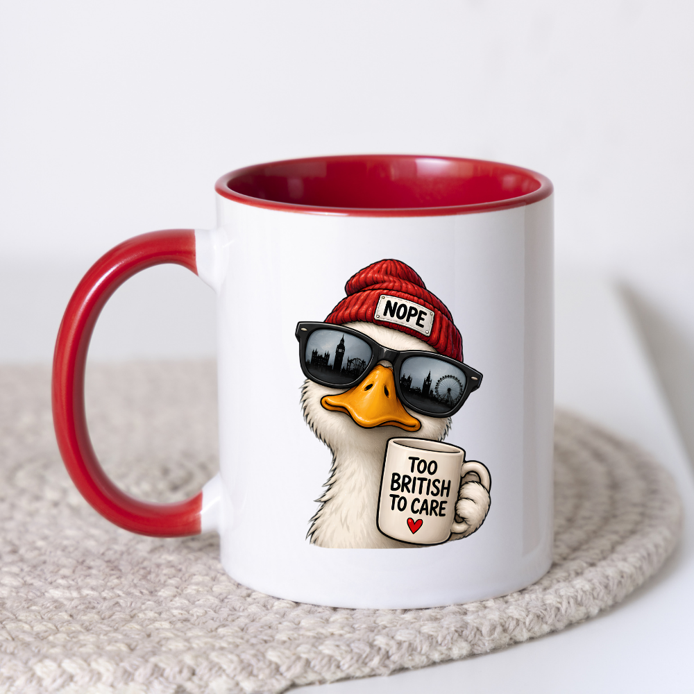 British Humour Mug "TOO BRITISH TO CARE" Funny Duck 325ml Ceramic Coffee Mug Cheeky London Duck Tea Cup with Union Jack-Inspired British Artwork Gift | Available in Multicolours | Fast Dispatch by UK Seller (M3002)
