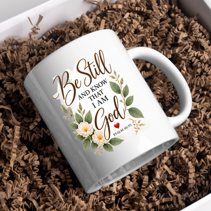 Inspirational Christian Mug "Be Still And Know That I Am God Psalm 46:10" 325ml Ceramic Coffee Mug –Christian Bible Verse Mug With Floral Wreath Leaves Inspirational Gift | Available in Multicolours | Fast Dispatch by UK Seller (M3299)