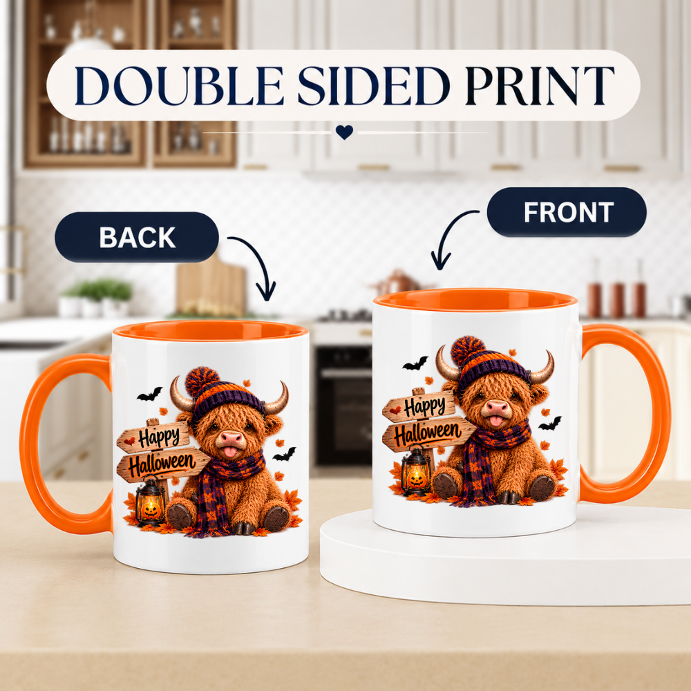 Halloween Mug "Highland Cow Beanie & Scarf Happy Halloween" Highland Cow Beanie and Scarf Happy Halloween 325ml Ceramic Coffee Mug – Cute Halloween Autumn Tea Cup Plaid Scarf Wooden Direction Sign Graphic Gift | Fast Dispatch by UK Seller (M3221)