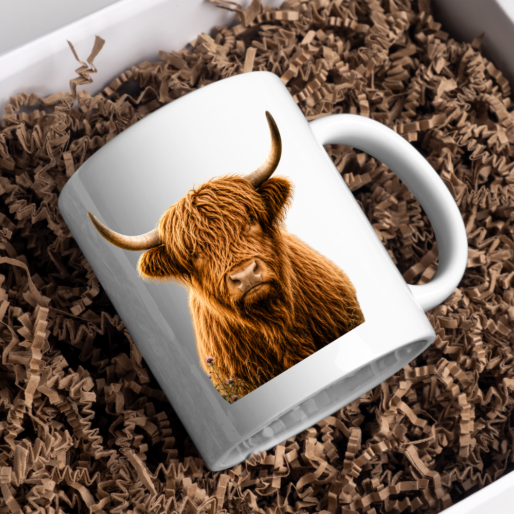 Rustic Mug "Classic Highland Cow" Majestic Highland Cow 325ml Ceramic Coffee Mug Country Wildlife Tea Cup with Horns and Thistle Graphic Gift | Available in Multicolours | Fast Dispatch by UK Seller (M3154)