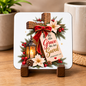 Inspirational Religious Hardboard Coaster "By His Grace We Are Saved" Graphic 9cm x 9cm Square Drinks Coaster –Wooden Cross with Red Bow, Hanging Scripture Tag, Lantern & Poinsettias Novelty Mat | Christian Glossy Gift | Fast Dispatch by UK Seller (C3043)