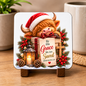 Festive Christian Christmas Coaster "By His Grace We Are Saved Ephesians 2:8" Graphic Glossy Hardboard 9x9cm Drinks Mat – Highland Cow, Wooden Cross & Candle Lantern Holiday Tableware Gift | Fast Dispatch by UK Seller (C3063)