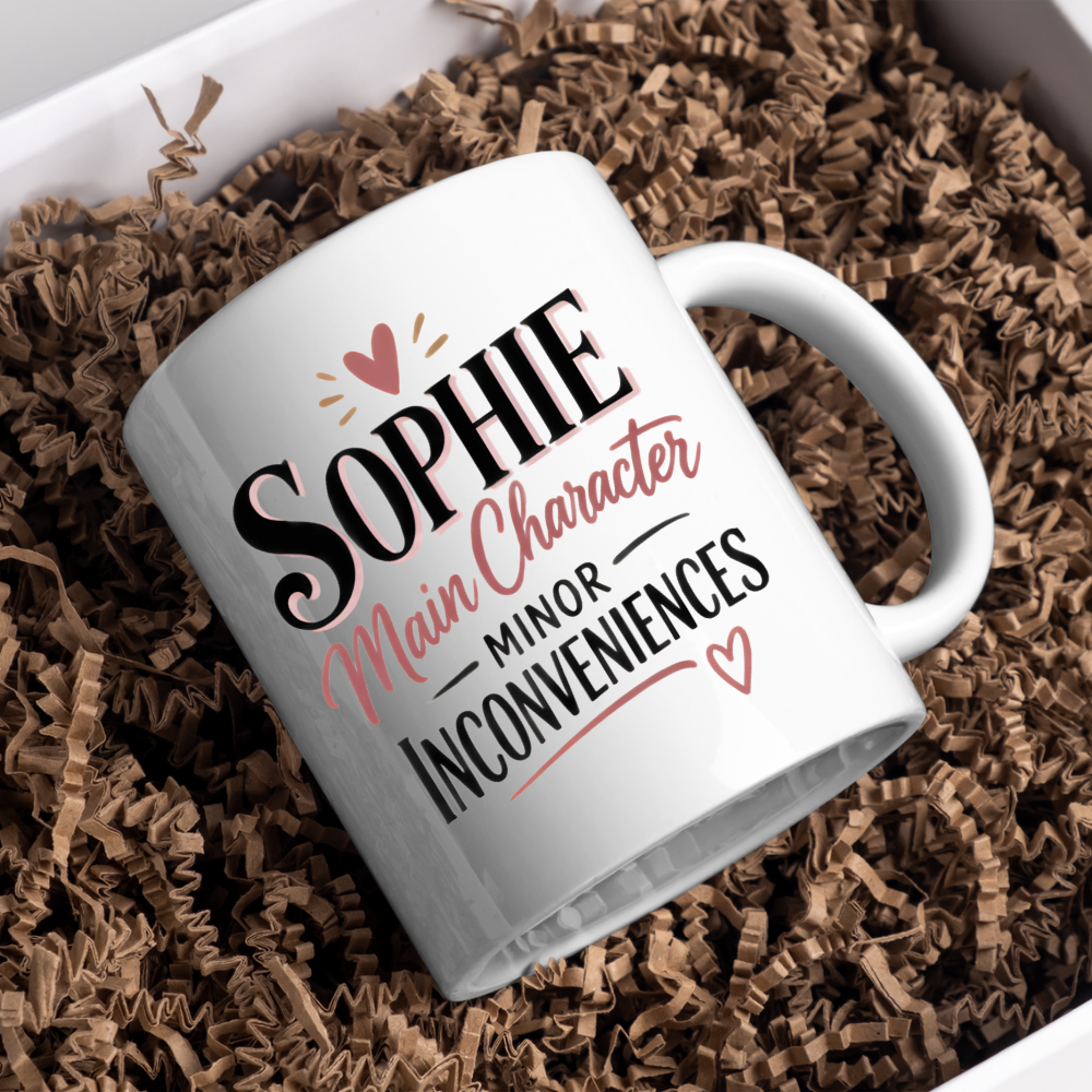 Personalized Name Mug "Sophie Main Character Minor Inconveniences" Sophie Main Character Minor Inconveniences 325ml Ceramic Coffee Mug – Custom Name Typography Slogan with Heart Accents & Script Details | Funny Gift | Fast Dispatch by UK Seller (M3450)