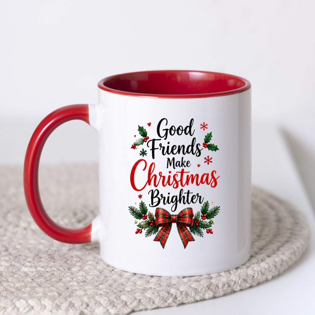 Warm & Festive Mug "Good Friends Make Christmas Brighter" 325ml Ceramic Coffee Mug Winter Holiday Tea Cup with Tartan Plaid Bow & Holly Berries | Available in Multicolours | Fast Dispatch by UK Seller (M1268)