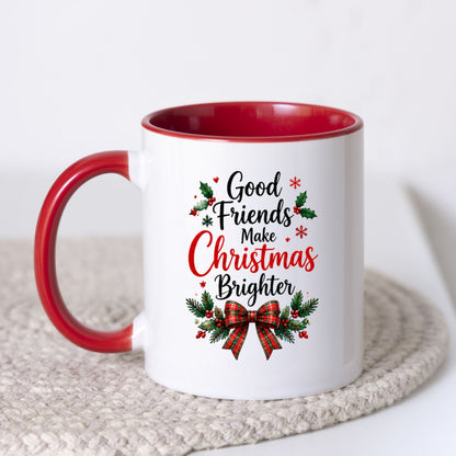Warm & Festive Mug "Good Friends Make Christmas Brighter" 325ml Ceramic Coffee Mug Winter Holiday Tea Cup with Tartan Plaid Bow & Holly Berries | Available in Multicolours | Fast Dispatch by UK Seller (M1268)