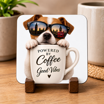 Cute London Dog Hardboard Coaster "Powered by Coffee & Good Vibes" Graphic 9cm x 9cm Square Drinks Coaster “ Cute Puppy in Sunglasses Reflecting Big Ben & Red Bus Cup Novelty Mat | Fun Glossy Gift for Dog Lovers | Fast Dispatch by UK Seller (C3005)