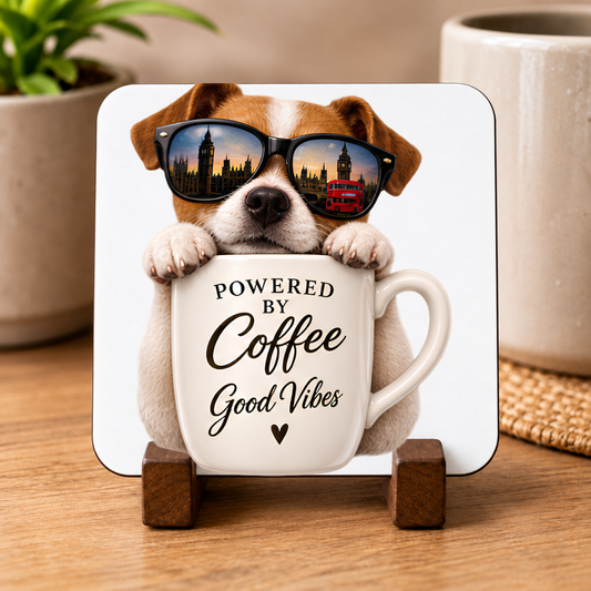 Cute London Dog Hardboard Coaster "Powered by Coffee & Good Vibes" Graphic 9cm x 9cm Square Drinks Coaster “ Cute Puppy in Sunglasses Reflecting Big Ben & Red Bus Cup Novelty Mat | Fun Glossy Gift for Dog Lovers | Fast Dispatch by UK Seller (C3005)