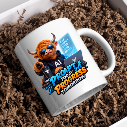 Tech Mug "Prompt Today Progress Tomorrow" 325ml Ceramic Coffee Mug – Highland Cow in Sunglasses with Laptop Coffee AI Screen Modern Tech Gift For Developers AI Prompt Engineers | Available in Multicolours | Fast Dispatch by UK Seller (M3230)