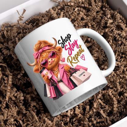 Shopping Mug "Shop Slay Repeat Highland Cow" Shop Slay Repeat Highland Cow 325ml Ceramic Coffee Mug – Glamorous Pink Fashion Shopping Tea Cup With Heart Sunglasses Coffee Graphic Gift | Available in Multicolours | Fast Dispatch by UK Seller (M3196)